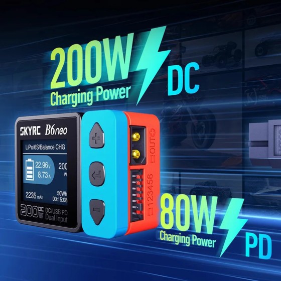 Cargador inteligente SKYRC B6neo MCUDC200W PD80W Brazo de doble canal Cortex-M4 10A Corriente de carga XT60 USB Tipo-C para carga RC
